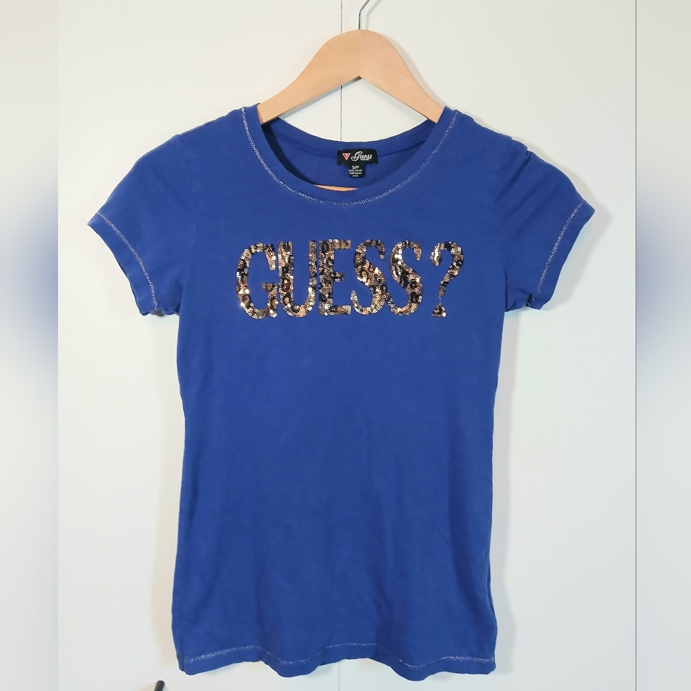 GUESS Women’s Small Blue Tee – Gold Leopard Sequin Logo & Stitching